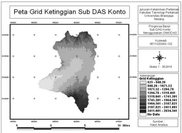 Gambar 4.   Peta grid kemiringan (slope) sub DAS Konto