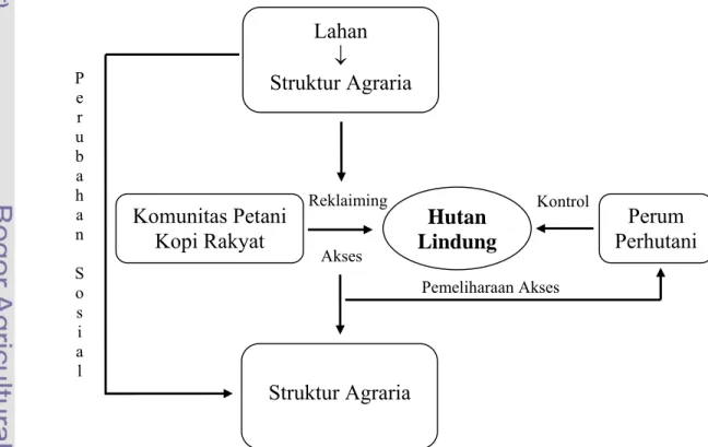 Gambar 1. Kerangka Pemikiran Penelitian  Pemeliharaan AksesAkses Kontrol Perum  Perhutani ReklaimingLahan ↓ Struktur Agraria Hutan Lindung Komunitas Petani Kopi Rakyat Struktur Agraria P e r u b a h a n S o s i a l