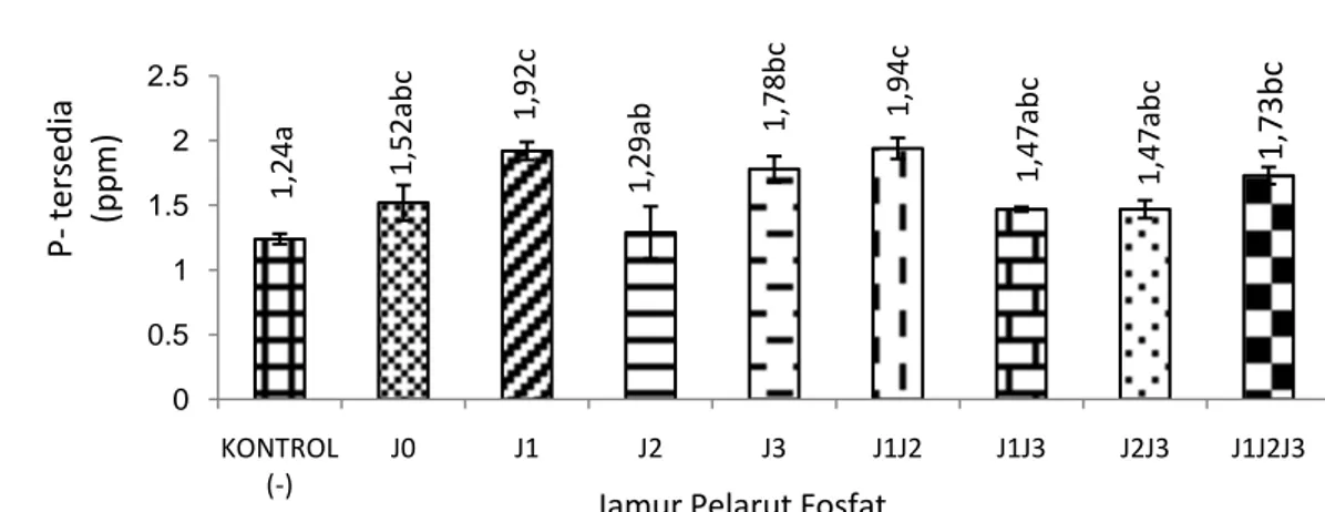 Gambar 3.  Pengaruh  jamur  pelarut  fosfat  terhadap  P-tersedia  tanah  (J0=tanpa  isolat,  J1=Entisol  Bantul,  J2=Andisol  Tawangmangu,  J3=Vertisol  Palur