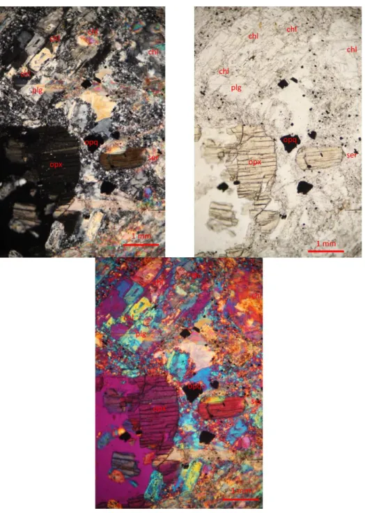 Gambar 6. Gambar sayatan tipis sampel 2 dari Satuan Intrusi Andesit yang menunjukkan adanya alterasi propilitik (Keterangan: Opx : Ortopiroksen, Opq : mineral opaque, Plg : Plagioklas, Chl: Chlorite