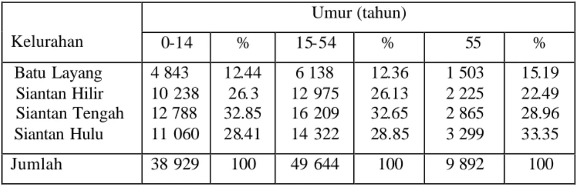 Tabel  5  Komposisi penduduk Kecamatan Pontianak Utara berdasarkan Umur  Umur (tahun)  Kelurahan  0-14  %  15-54  %   55  %   Batu Layang   Siantan Hilir   Siantan Tengah   Siantan Hulu  4 843  10 238 12 788 11 060  12.44 26