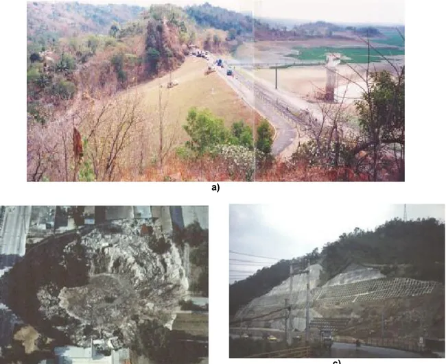 Gambar 3   Proyek rehabilitasi: a) Pengeboran untuk perbaikan terowongan  bendungan Cacaban; b) lubang langga (sinkhole); dan c) stabilisasi lereng.