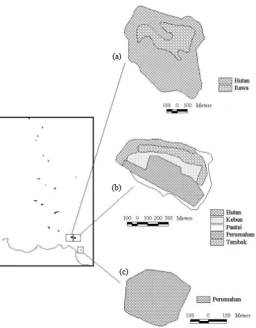 Gambar 4  Jenis penggunaan lahan dan bentuk pulau-pulau di Kepulauan Seribu; (a) Pulau Untung Jawa, (b) Pulau Rambut, dan (c) Pulau Onrust  