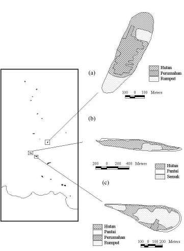 Gambar 6  Jenis penggunaan lahan dan bentuk pulau-pulau di Kepulauan Seribu; (a) Pulau Pramuka, (b) Pulau Tidung Kecil, dan (c) Pulau Payung Besar 