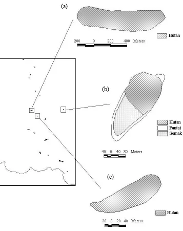Gambar 7  Jenis penggunaan lahan dan bentuk pulau-pulau di Kepulauan Seribu; (a) Pulau Kotok Besar, (b) Pulau Paniki, dan (c) Pulau Semak Daun  