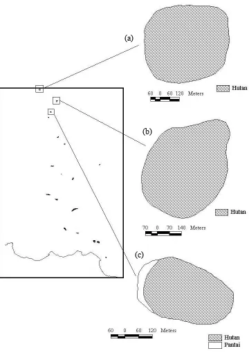 Gambar 9  Jenis penggunaan lahan dan bentuk pulau-pulau di Kepulauan Seribu; (a) Pulau Dua Timur, (b) Pulau Penjaliran Barat, dan (c) Pulau Nyamplung  