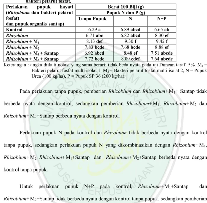 Tabel 4.6 Rata-rata berat 100 biji akibat pemberian inokulasi multi isolat bakteri Rhizobium dan bakteri pelarut fosfat.