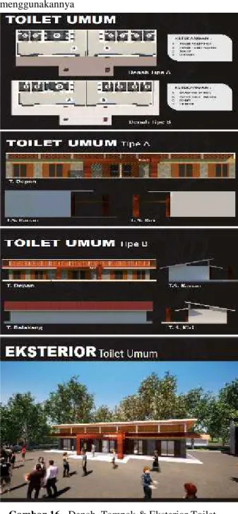 Gambar 16. Denah, Tampak &amp; Eksterior Toilet (Sumber : Hasil Rancangan)