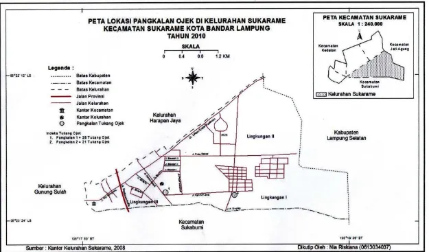 Gambar 1.  Peta Lokasi Pangkalan Ojek di Kelurahan Sukaram