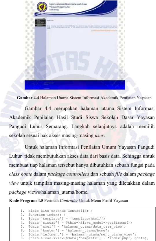 Gambar  4.4  merupakan  halaman  utama  Sistem  Informasi  Akademik  Penilaian  Hasil  Studi  Siswa  Sekolah  Dasar  Yayasan  Pangudi  Luhur  Semarang