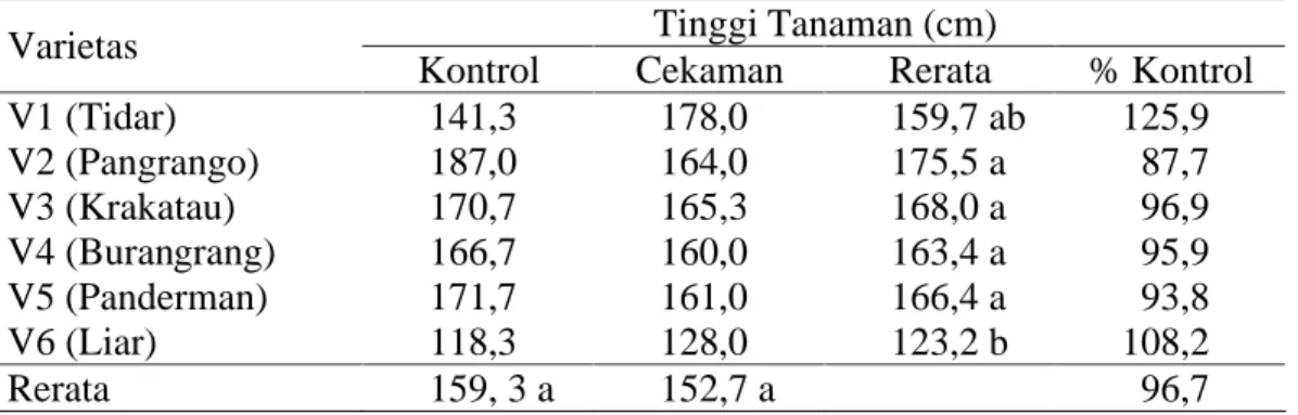 Tabel  1.  Data  pertumbuhan  tinggi  tanaman  (cm)  umur  65  hari  pada  perlakuan  kontrol dan cekaman kekeringan  