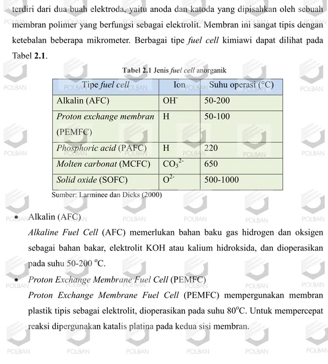 Tabel 2.1 Jenis fuel cell anorganik 