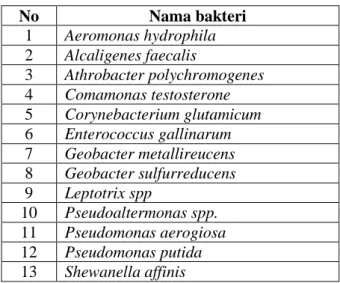 Tabel 1. Beberapa contoh bakteri eksoelektrogen  No  Nama bakteri  1  Aeromonas hydrophila  2  Alcaligenes faecalis  3  Athrobacter polychromogenes  4  Comamonas testosterone  5  Corynebacterium glutamicum  6  Enterococcus gallinarum  7  Geobacter metallir
