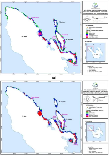 Gambar 3.  Perbandingan kondisi substrat dasar perairan dangkal Pulau Weh dan Pulau Rubiah tahun (a)  2002 dan tahun (b) 2009
