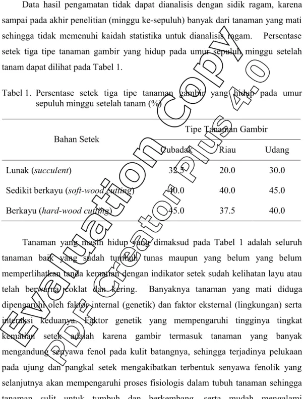 Tabel 1.  Persentase  setek  tiga  tipe  tanaman  gambir  yang  hidup  pada  umur  sepuluh minggu setelah tanam (%) 