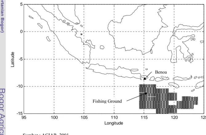 Gambar 7.  Daerah penangkapan ikan tuna mata besar (T. obesus) di Samudera                        Hindia dengan fishing base di Benoa, Bali  