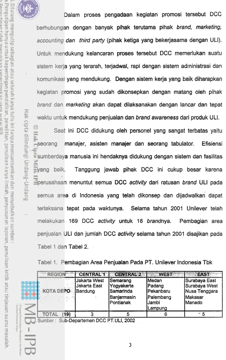 Tabel 1.  Pembagian Area Penjualan Pada PT. Unilever Indonesia Tbk 