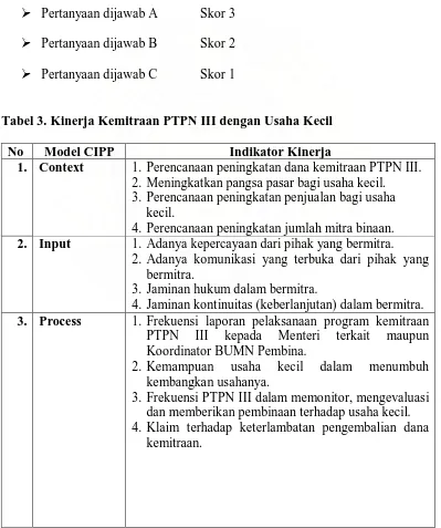 Tabel 3. Kinerja Kemitraan PTPN III dengan Usaha Kecil  