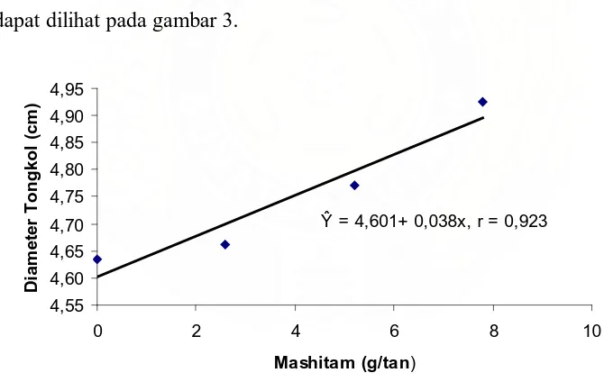 Gambar 3. Hubungan antara diameter tongkol dengan pupuk organik padat Mashitam. 