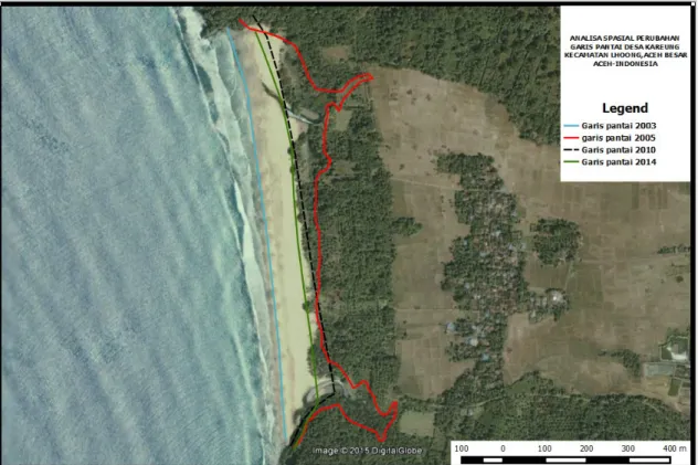 Gambar  3.  Peta  perubahan  garis  pantai  secara  time  series  pada  Desa  Kareung   Kecamatan  Lhoong