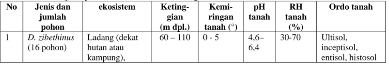 Tabel 1. Habitat jenis-jenis Durio di Kalimantan Tengah  No Jenis  dan  jumlah  pohon  ekosistem Keting-gian  (m dpl.)  Kemi-ringan  tanah (°) pH  tanah  RH  tanah (%) Ordo tanah  1  D