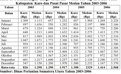 Tabel 5. Perkembangan Harga Komoditi Wortel Per Kg di Pusat Pasar        Kabupaten  Karo dan Pusat Pasar Medan Tahun 2003-2006 
