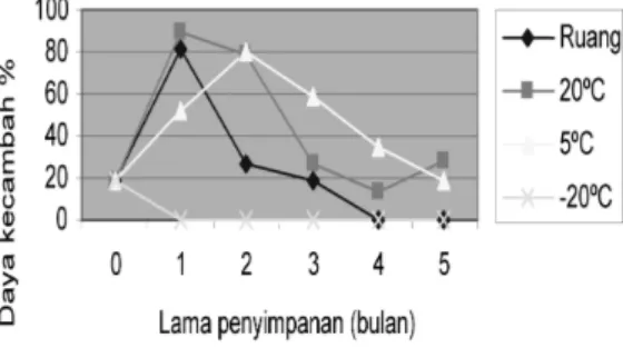 Gambar 3a.  Pengaruh suhu dan lama  penimpanan terhadap daya  kecambahan biji P. Javanica