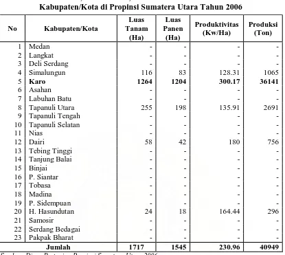 Tabel 2. Luas Lahan, Luas Panen, Produktivitas dan Produksi Wortel Per  Kabupaten/Kota di Propinsi Sumatera Utara Tahun 2006 