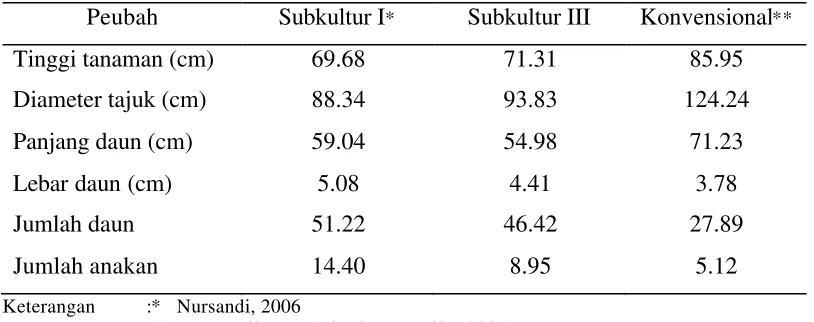 Tabel 4. Perbandingan Tanaman Nanas (Ananas comosus L. Merr.) Cv. Queen Hasil Perbanyakan In Vitro Subkultur I, Subkultur III dan Tanaman Asal Perbanyakan Konvensional   