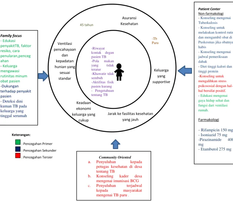 Gambar 4.  Skema Pendekatan Holistik dan Penatalaksanaan Komprehensif Asuransi Kesehatan Family focus - Edukasi penyakitTB, faktor resiko, cara penularan,pencegahan - Keluarga mengawasi rutinitas minum obat pasien -Dukungan terhadap penyakit pasien - Detek