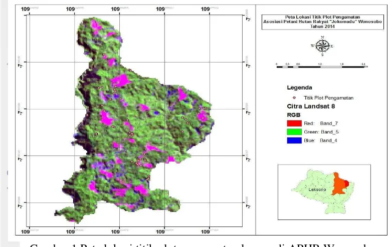 Gambar 1 Peta lokasi titik plot pengamatan lapang di APHR Wonosobo Berdasarkan peta lokasi pada Gambar 1, warna citra yang tampak di wilayah tersebut adalah warna hijau, merah muda dan biru tua