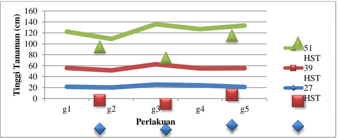 Gambar 1. Grafik pemberian berbagai dosis pupuk guano kelelawar terhadap rata- rata-rata tinggi (cm) tanaman jagung manis pada umur 27, 39, dan 51 HST