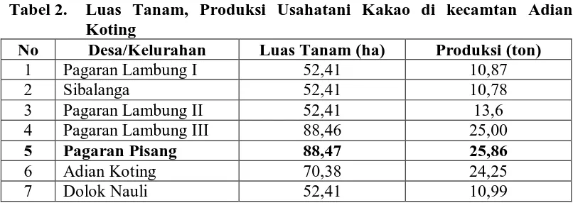 Tabel 2. Luas Tanam, Produksi Usahatani Kakao di kecamtan Adian Koting 