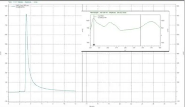 Gambar 4.10 Profil Kromatogram Kuerstin dengan Fase Gerak Metanol : Air  (70:30, % v/v) menggunakan Kromatografi Cair Kinerja Tinggi 
