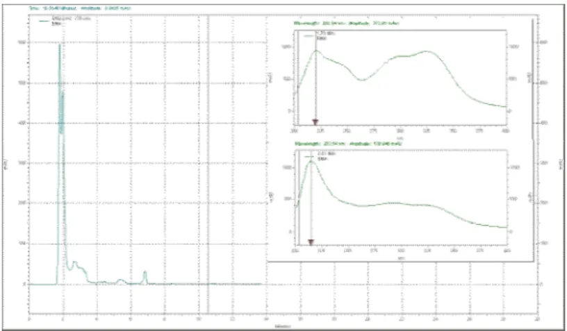 Gambar 4.18 Profil Kromatogram Ekstrak Air Daun Salam dengan Fase  Gerak Asetonitril : Dapar Fosfat Nitrat pH 5,5 (70:30, % v/v) menggunakan 
