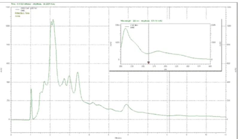 Gambar 4.25 Profil Kromatogram Ekstrak Etanol Daun Salam dengan Fase  Gerak Asetonitril : Metanol (70:30, % v/v) menggunakan Kromatografi Cair 