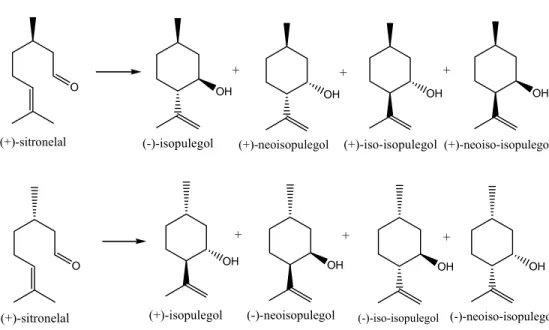 Gambar 2.3 Siklisasi rasemat sitronelal mengasilkan (-)-sitronelal dan (+)- (+)-sitronelal 