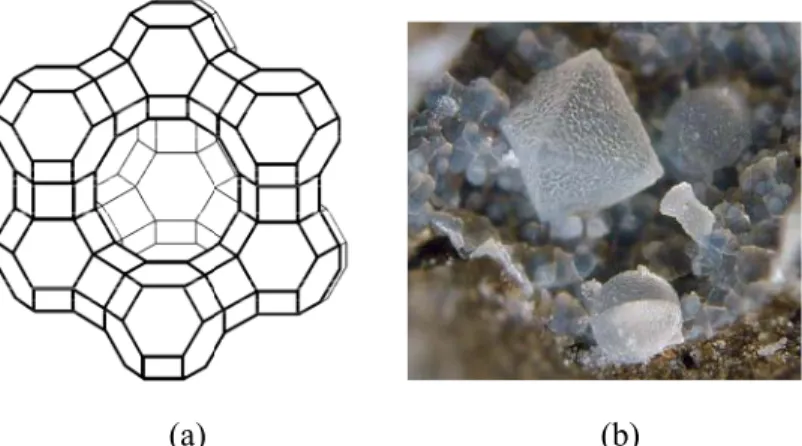 Gambar 2.8 (a) Potongan kubus polihedral yang dihubungkan dengan dua buah  oksigen bercincin enam pada faujasit  (zeolit alam) (Mumpton,  1999) (b) mineral faujasit 