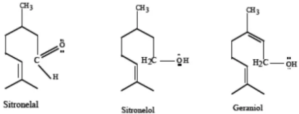 Gambar 1. Struktur molekul sitronelal, sitrone- sitrone-lol, dan geraniol (Sastrohamidjojo; 1981)