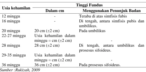 Tabel 2.2. Tinggi Fundus Berdasarkan Usia Kehamilan 