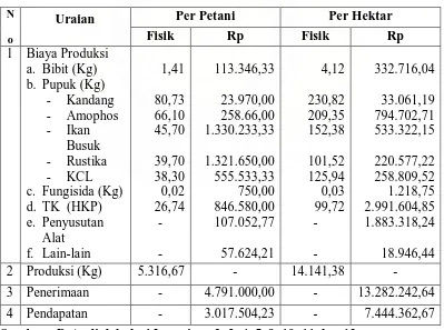 Tabel 9. Analisis Ekonomi Usahatani Wortel per Petani dan per Hektar per Musim Tanam di Daerah Penelitian  