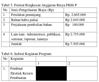 Tabel 5. Format Ringkasan Anggaran Biaya PKM-P 