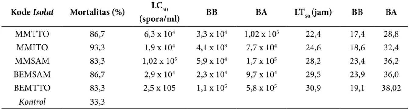 Tabel 1 Uji Patogenisitas Isolat-Isolat Jamur Entomopatogen  terhadap Serangga Uji Larva C