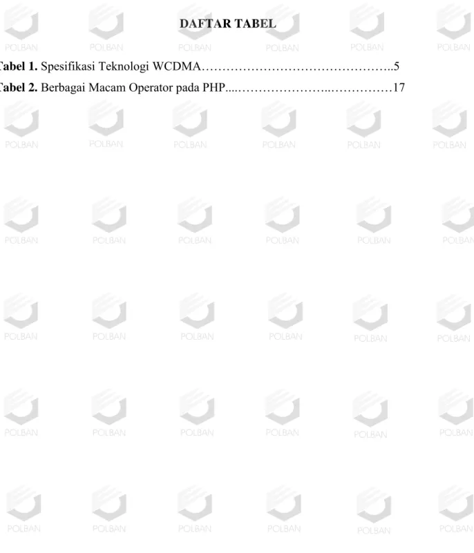 Tabel 1. Spesifikasi Teknologi WCDMA………………………………………..5  Tabel 2. Berbagai Macam Operator pada PHP....…………………..……………17                 