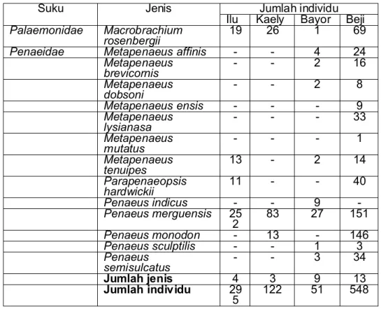 Tabel 2. Jenis udang ekonomis penting yang ditemukan di Muara Ilu, Kaeli, Bayor dan Beji  Table 2