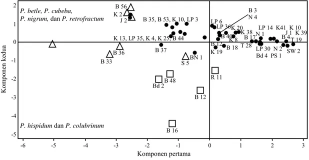 Gambar 4.  Pola sebaran 50 isolat P. capsici berdasarkan pada luas nekrosa yang ditimbulkan pada Piper spp
