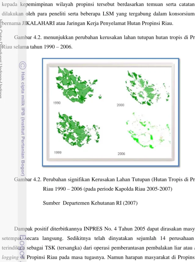 Gambar 4.2. menunjukkan perubahan kerusakan lahan tutupan hutan tropis di Propinsi  Riau selama tahun 1990 – 2006