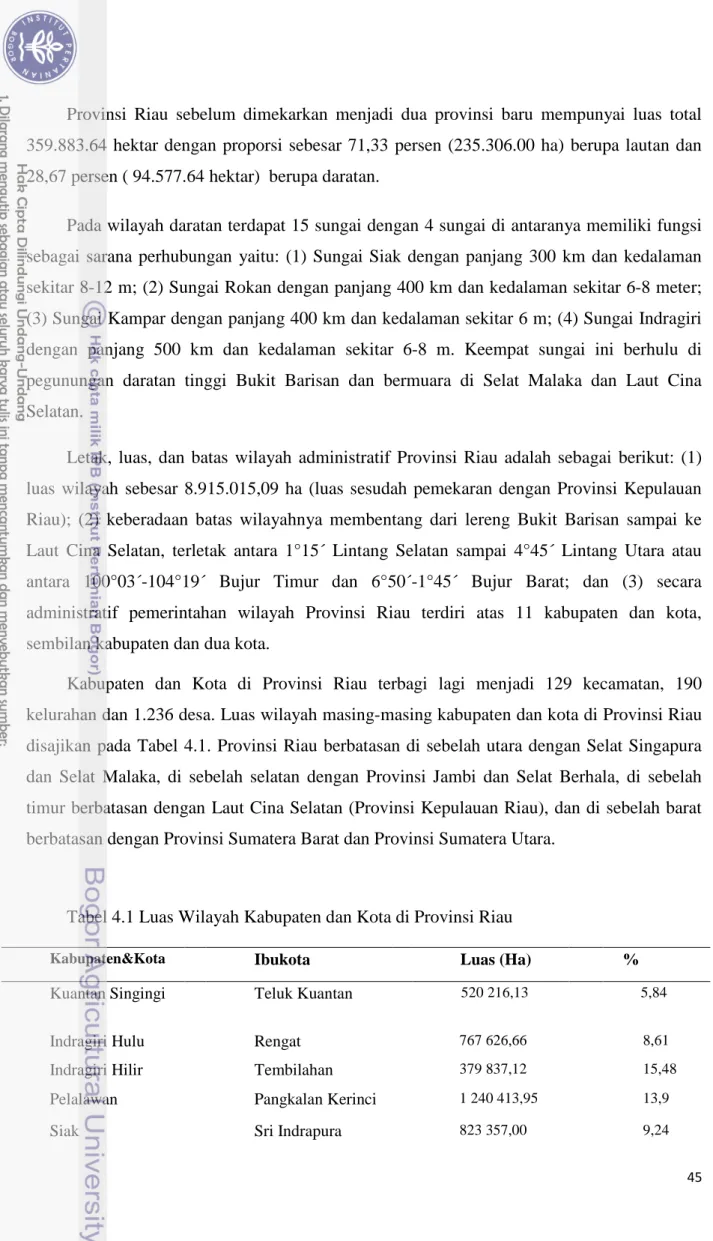 Tabel 4.1 Luas Wilayah Kabupaten dan Kota di Provinsi Riau 