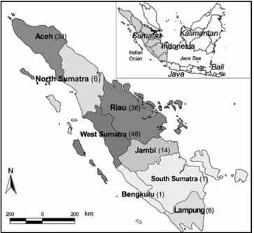 Gambar 8. Frekuensi konflik harimau dengan manusia di delapan provinsi di Sumatera antara tahun 1978 - 1999 (Nyhus &amp; Tilson 2004)