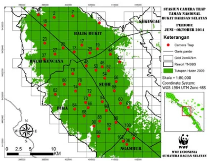 Gambar 1.  Peta  Pemasangan Stasiun Kamera Jebak di Taman Nasional Bukit Barisan  Selatan (Sumber:WWF Indonesia Sumatera Bagian Selatan 